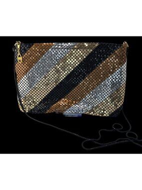 Vintage Multicolor Metal Mesh Shoulder Bag With Gold & Black Stripes 9"x6"x1” &